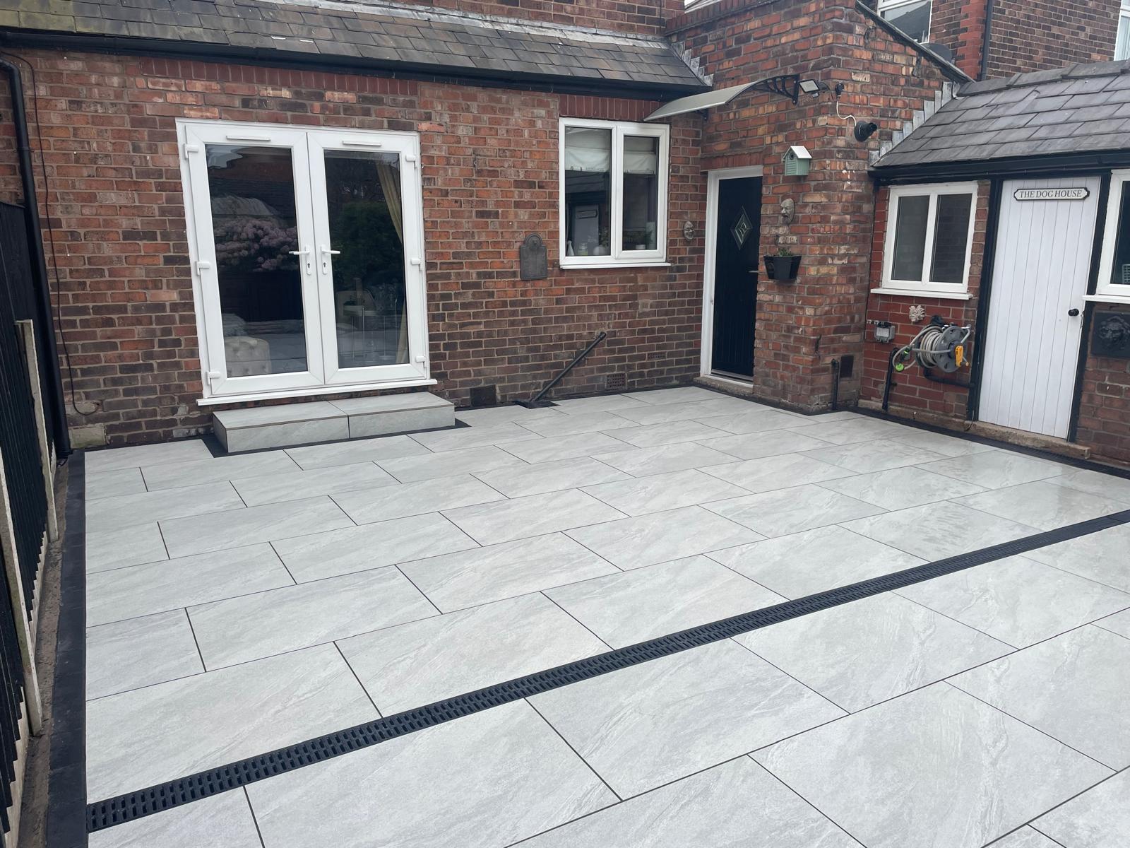 Grey stone porcelain patio, luxury outdoor entertainment area, Warrington