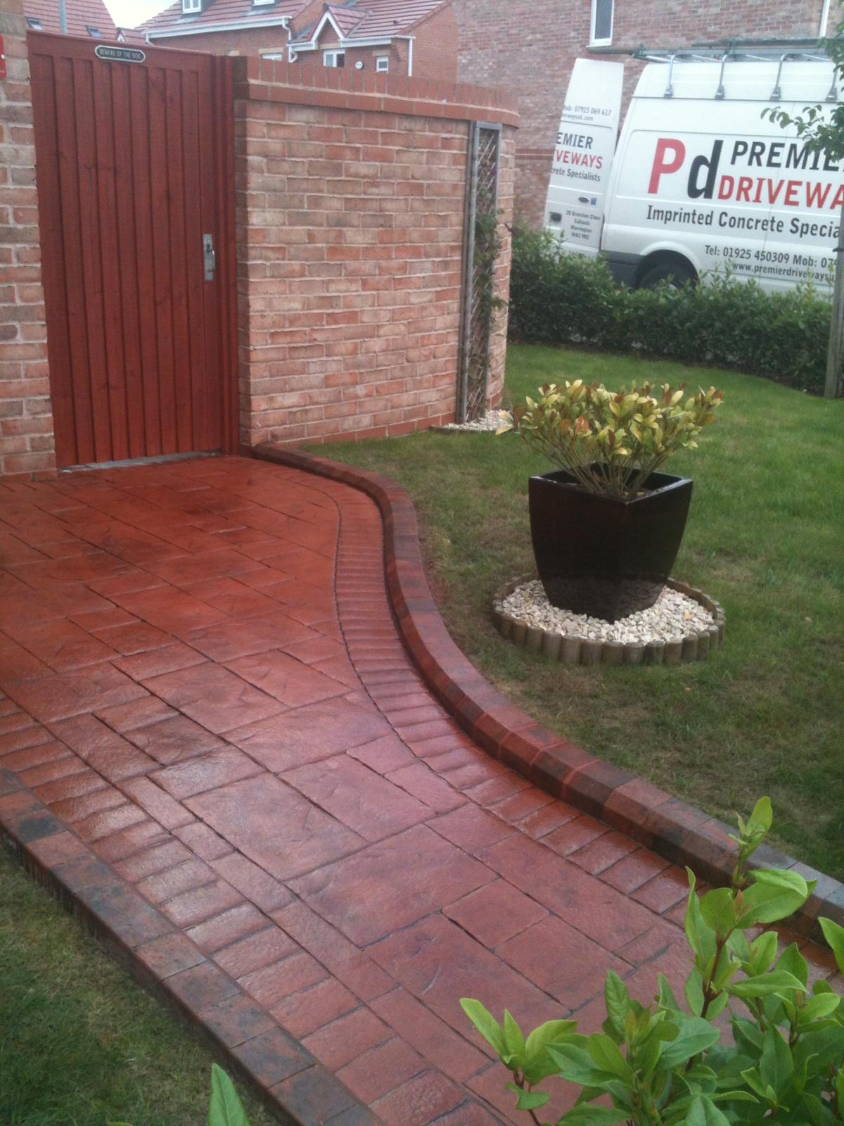 Curved brick effect imprinted concrete walkway, Warrington, Cheshire