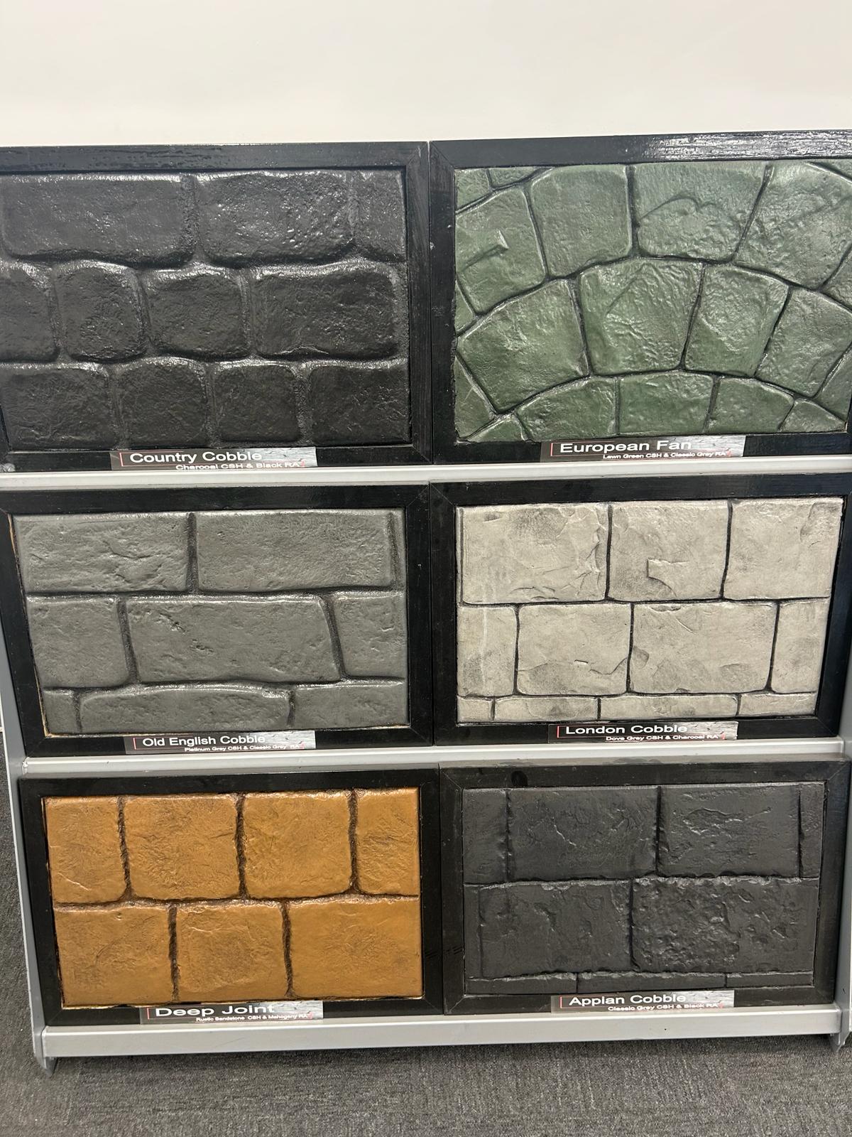 Cobblestone imprinted concrete pattern samples — Country Cobble, European Fan, London Cobble, available in Warrington