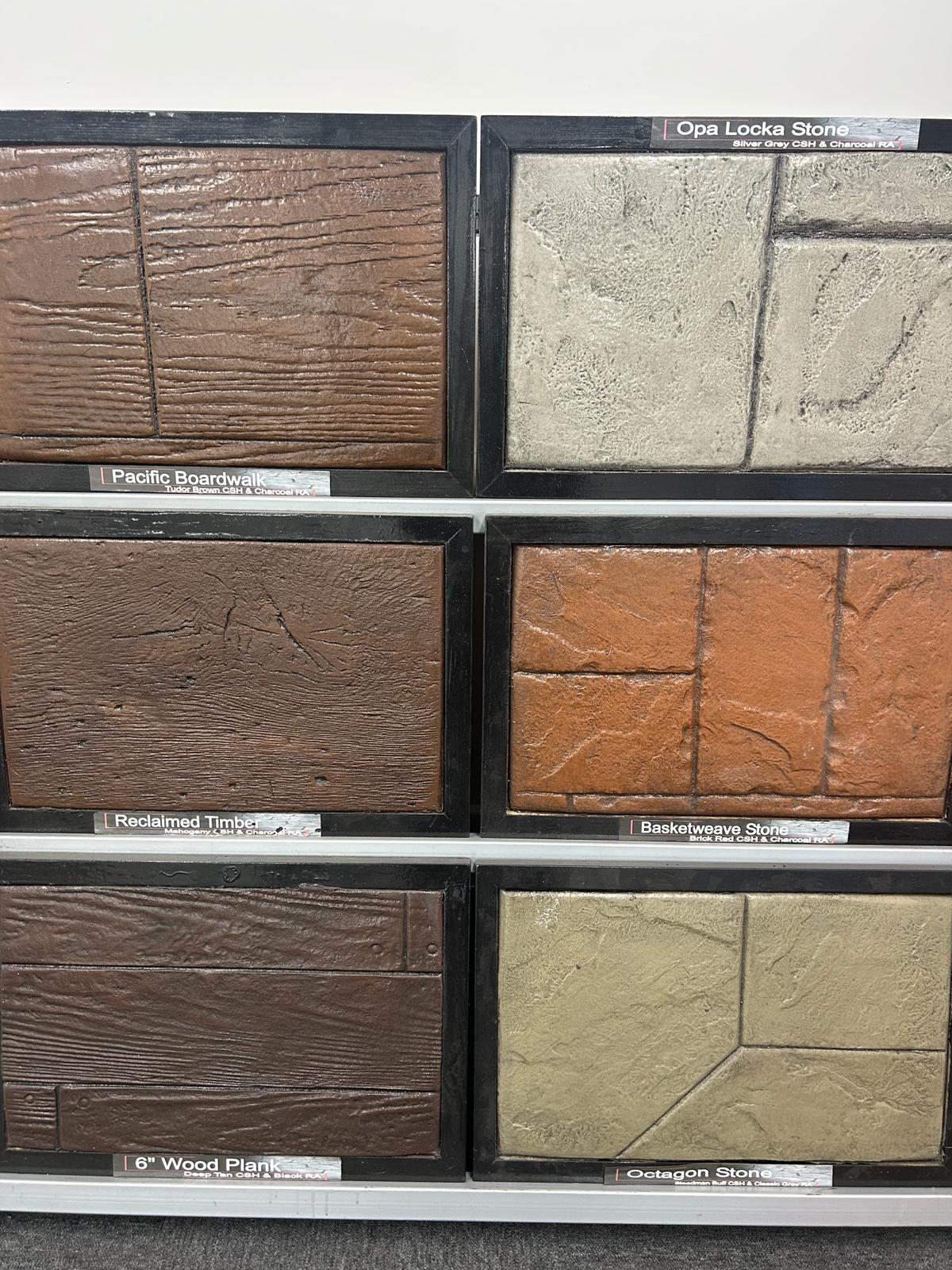 Wood effect and contemporary imprinted concrete pattern samples — Pacific Boardwalk, Wood Plank, Octagon Stone, Warrington