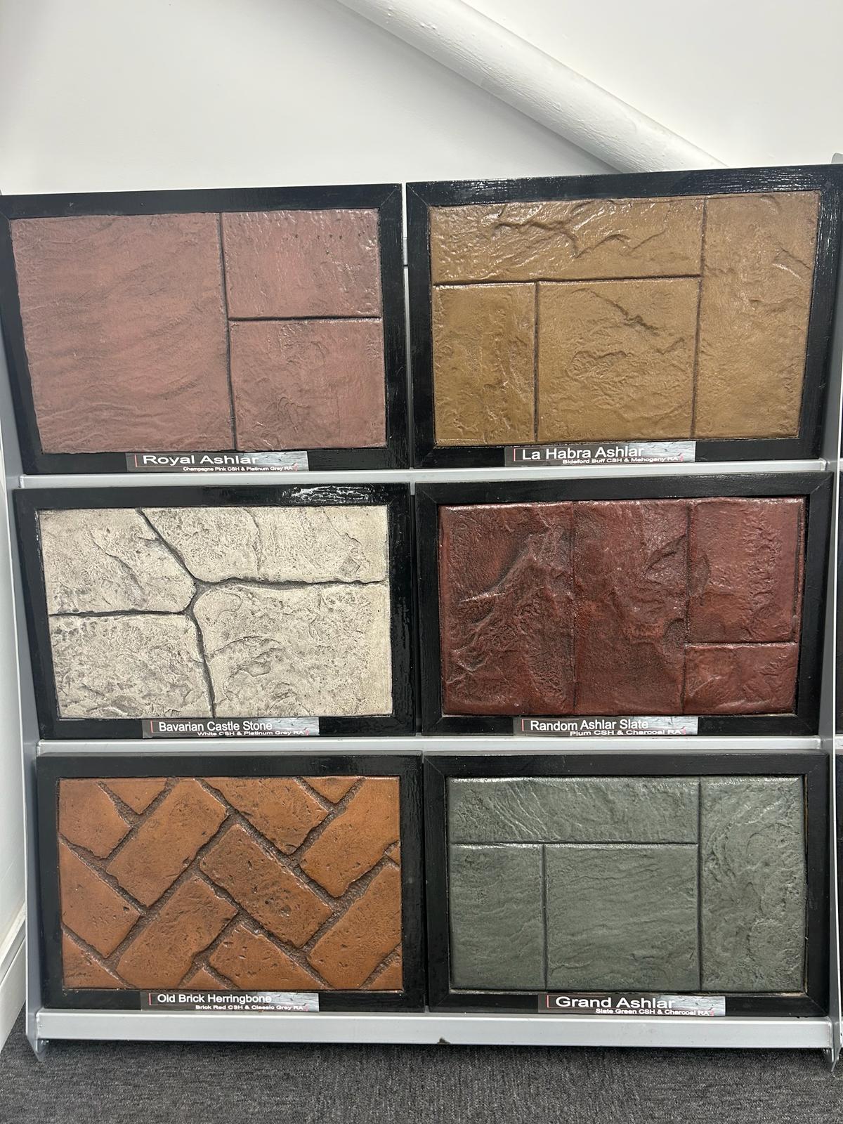 Premium ashlar imprinted concrete pattern samples — Royal Ashlar, Bavarian Castle Stone, Grand Ashlar, Warrington